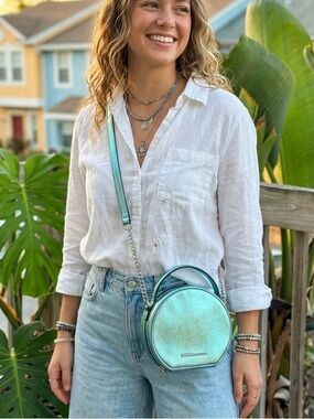 BCBGeneration Teal Metallic Circular Crossbody Bag Round Shimmer Faux Leather